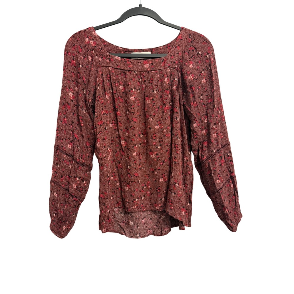 Knox Rose Womens XS Burgundy Floral Square Neck Crochet Trim Long Sleeve Blouse
